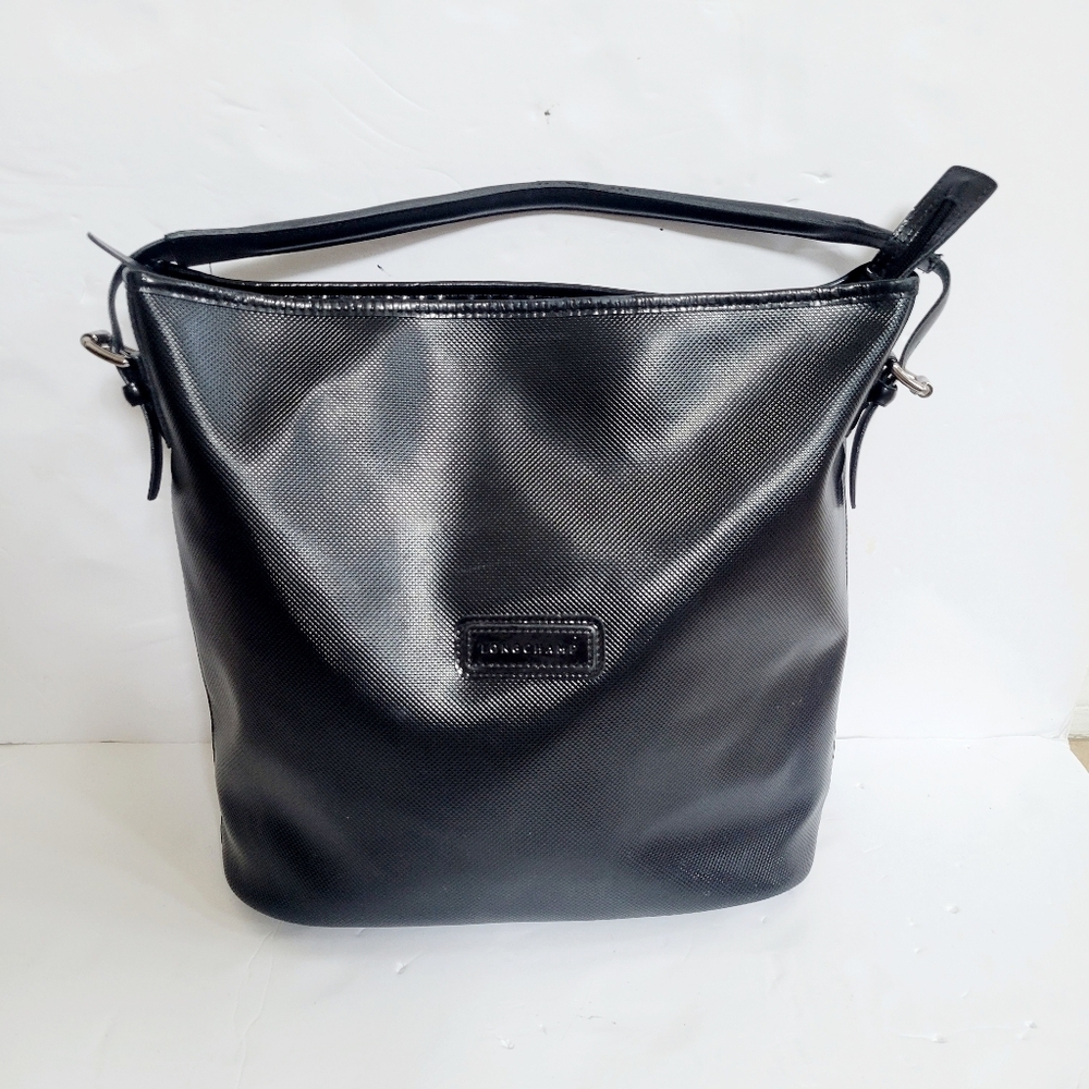 Authentic Rare Beautiful Longchamp Patent Leather Black Hobo Bag Handbag Purse